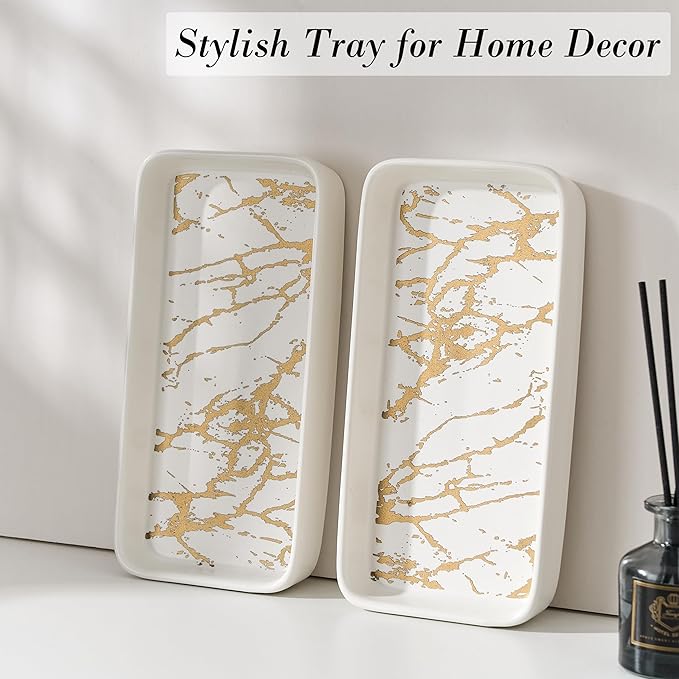 Bathroom Vanity Tray for Countertop,2PC Rectangle Marble Tray Set,Decorative Bathroom Organizer for Scrubber, Lotion Bottles, Perfume, Jewelry, Candle, Key Trinket Ring（Small,White）-NeatNest