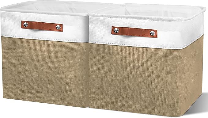 13in Open Fabric Storage Basket with Leather Handles for Organizing, Collapsible Linen Closet Bins for Shelves, Closets, Laundry, Decorative Basket for Gifts. (White＆Khaki, 2PCS/13x13in)-NeatNest