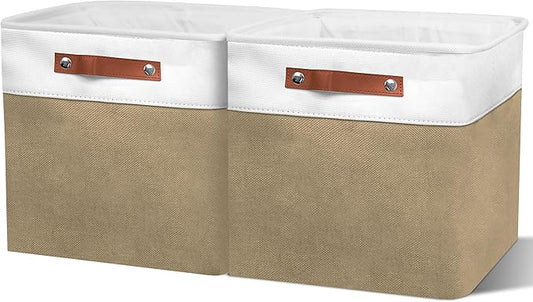 13in Open Fabric Storage Basket with Leather Handles for Organizing, Collapsible Linen Closet Bins for Shelves, Closets, Laundry, Decorative Basket for Gifts. (White＆Khaki, 2PCS/13x13in)-NeatNest