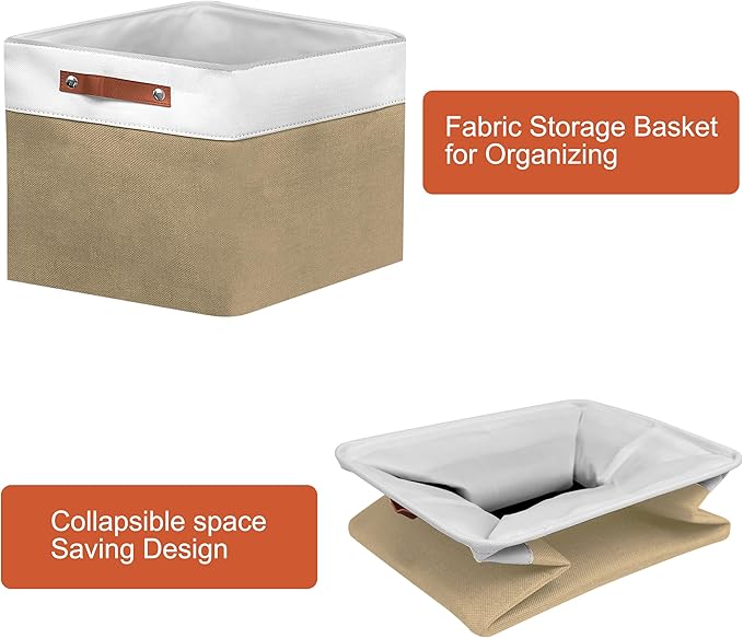 11in Open Fabric Storage Basket with Leather Handles for Organizing, Collapsible Linen Closet Bins for Shelves, Closets, Laundry, Decorative Basket for Gifts. (White＆Khaki, 3PCS/11x11in)-NeatNest