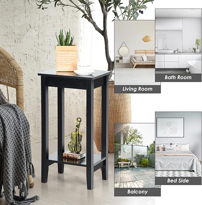 Giantex 2-Tier End Table Tall Nightstand, Simple Design Sofa Bedside Table with Versatile Shelf and Wooden Legs for Small Spaces, Living Room, Study, Bedroom, Narrow Telephone Table, Black