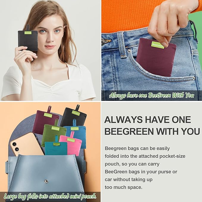 BeeGreen Colorful Kitchen Reusable Grocery Bags - Heavy Duty Foldable Polyester Shopping Bag With Handles, Bulk Travel Tote Bag with Pockets for Women Cloth Reusable Gift Bags-NeatNest