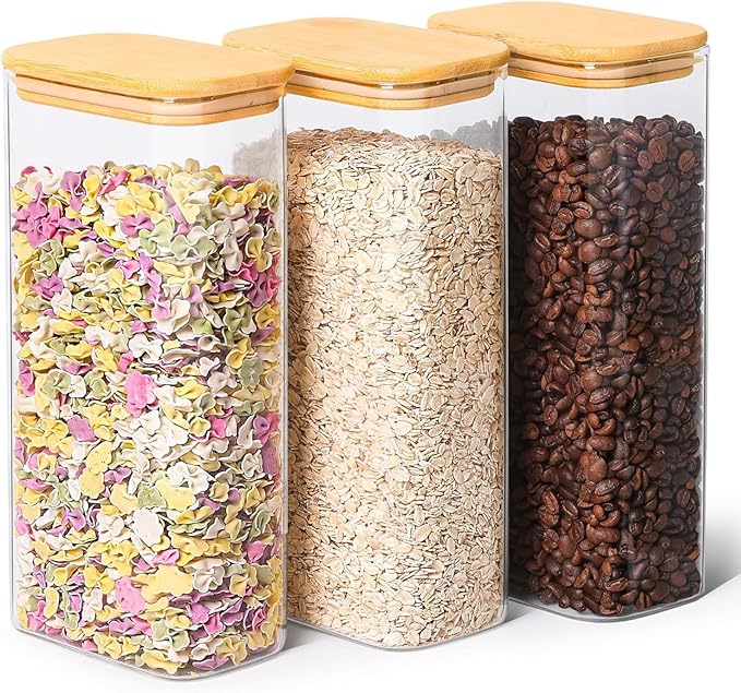 ComSaf 2 Qt Rectangle Glass Storage Containers with Lids, Glass Jars with Bamboo Lids, Clear Food Jar, Square Canister Set of 3, Pantry Organizers and Storage for Flour Pasta Coffee Bean-NeatNest