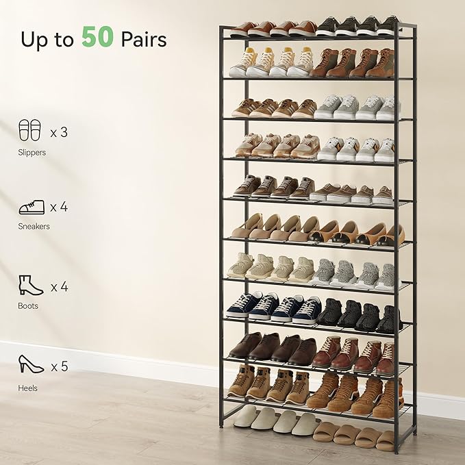 Shoe Rack, Metal Shoe Organizer, 10 Tier Garage Shoe Rack Max Holds 50 Pairs,Shoe Storage Shelf for Closet,Entryway, Black-NeatNest