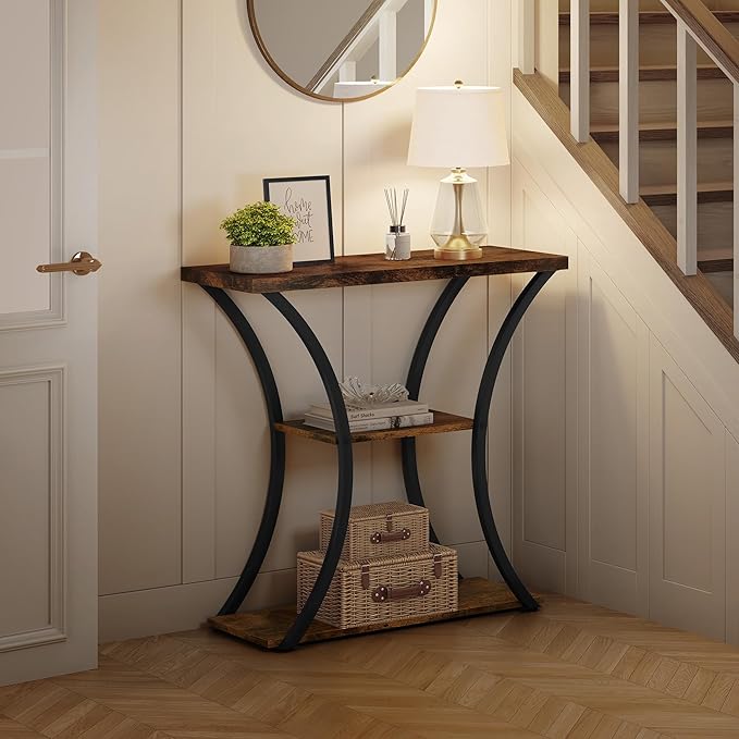Hoctieon 3 Tier Console Table with Open Wood Shelves, Decorative Entryway Table with Curved Metal Frames, Narrow Sofa Table for Entrance, Living Room, Hallway, Rustic Brown+Black-NeatNest