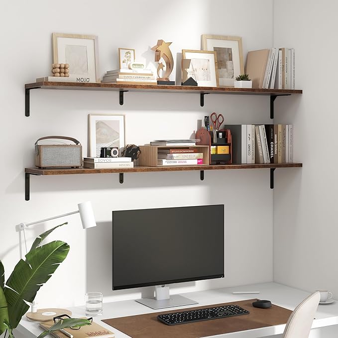 Fun Memories Deep Floating Shelves, 55W x 8D Floating Shelves Set of 2, Wall Mounted Shelf with Metal Brackets, Rustic Wood Wall Shelf for Bathroom, Kitchen and Living Room, Rustic Brown-NeatNest