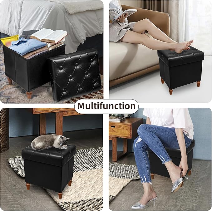 CAROLMADE Folding Storage Ottoman Cube PU Leather Footstool with Wood Legs Ottoman Footrest for Living Room and Bedroom Black, 15x12.6 x 15.4”-NeatNest