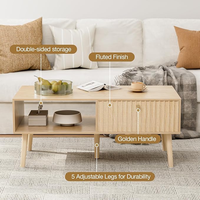 Coffee Table with Storage, Boho Dining Table with Fluted Drawer and Solid Wood Legs, Small Coffee Tables for Living Room, Oak-NeatNest