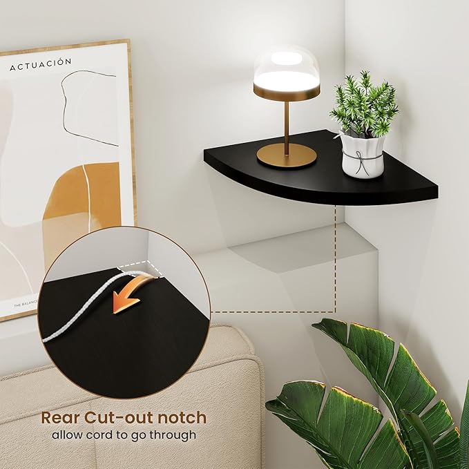 Fun Memories Corner Shelf Wall Mount Set of 2 - Solid Oak Wood Floating Corner Shelf with Cable Hole, 10in Rustic Design for Bedroom, Living Room, Kitchen (Black)-NeatNest