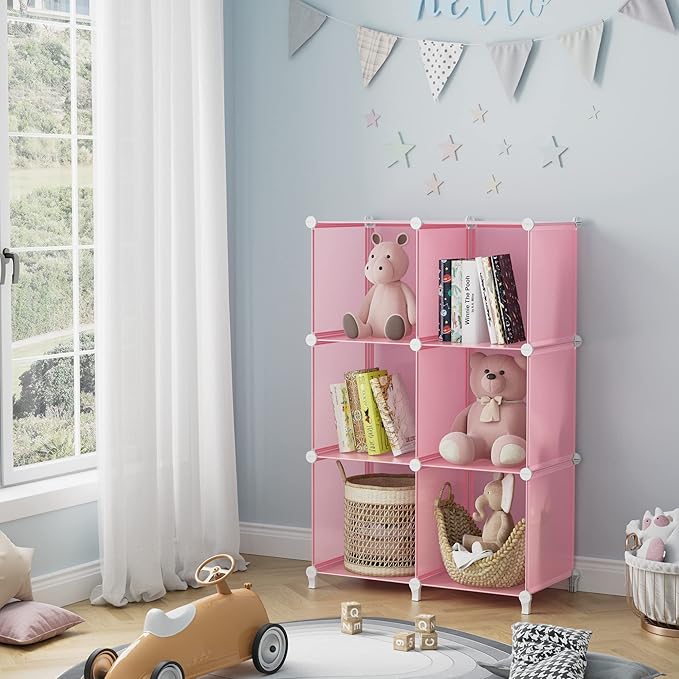HOMIDEC 6-Cube Storage Shelf, Storage Bookcase Bookshelf with Metal Hammer, Storage Cubes Organizer Cabinet for Kids, Closet, Bedroom, Bathroom, (11.8x11.8x11.8 inch), Light Pink-NeatNest