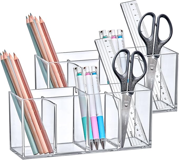 Amazing Abby - Glamour - 2-Pack Acrylic 4-Compartment Makeup Organizer, Transparent Plastic Makeup Brush Holder, Perfect Bathroom Vanity Storage Solution for Makeup Brushes, Eyebrow Pencils, and More-NeatNest