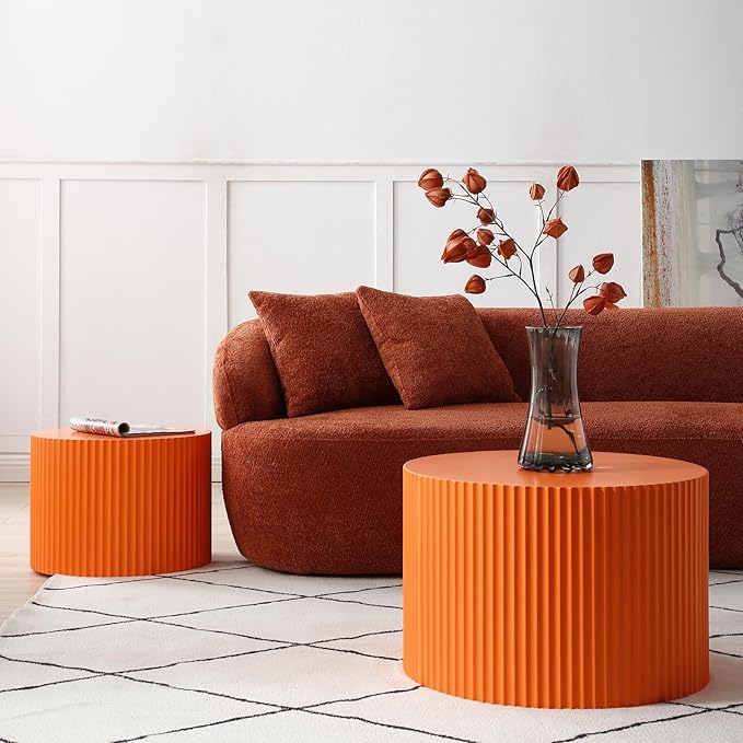 Round Coffee Table Set of 2, Modern Handcraft Nesting Table Wood Side Table Drum Accent End Table Embossed Design Circular Coffee Table Set for Living Room Bedroom, Orange