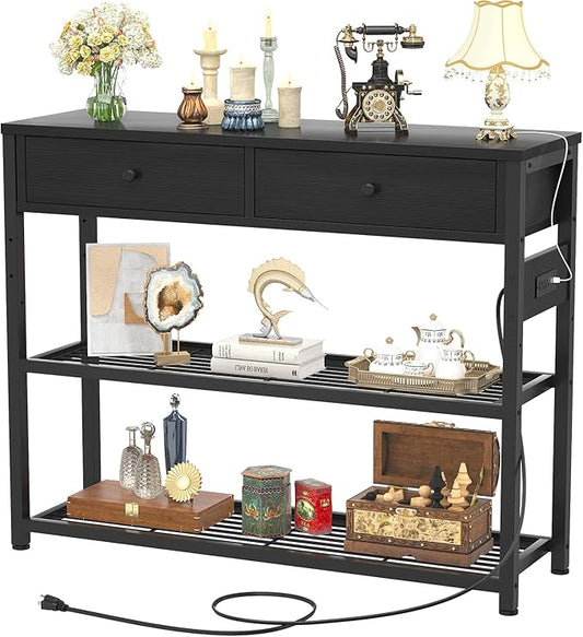 Ecoprsio Entryway Table with Outlets and USB Ports, Console Table with 2 Drawers, Small Sofa Table with Storage Shelves for Living Room, Couch, Hallway, Foyer, Kitchen Counter, 32'', Black-NeatNest