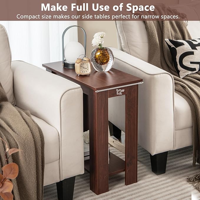 GOFLAME 24” Side Table, 2-Tier Rectangular End Table with Storage Shelf, Multipurpose Night Stand for Bedroom, Living Room, Brown
