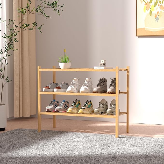 3 Tier Bamboo Shoe Rack for Closet Free Standing Wood Shoe Shelf Storage Organizer for Entryway Small Space Stackable 27"x11"x20" (Natural)-NeatNest