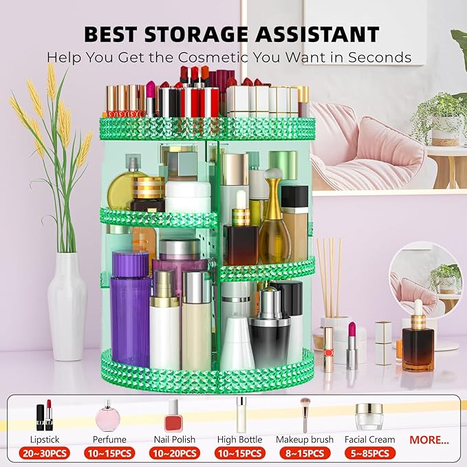 360 Degree Rotating Makeup Organizer, Extra Large Capacity Organizador De Maquillaje, Removable DIY 7 Layers Cosmetics Organizer, Acrylic Perfume Organizer for Vanity Countertop (Green)-NeatNest