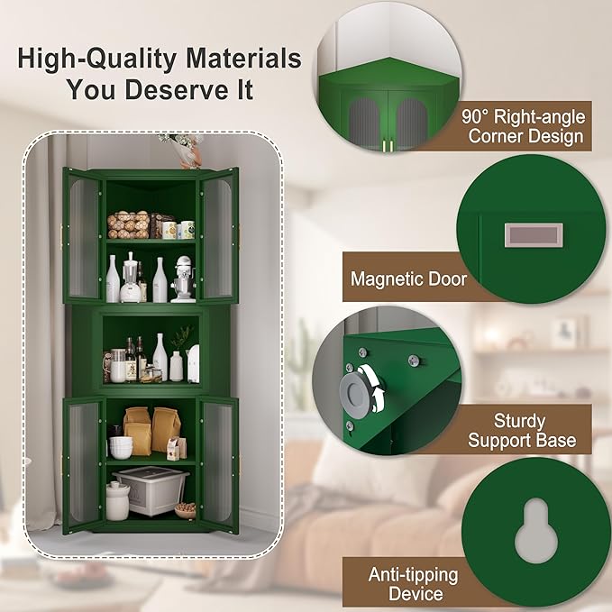 64" Tall Metal Corner Storage Cabinet with Acrylic Glass Doors ＆ Open Display Storage Shelves, Farmhouse Corner Pantry Storage Cupboard for Kitchen, Laundry Room, Bathroom or Bedroom (Green)