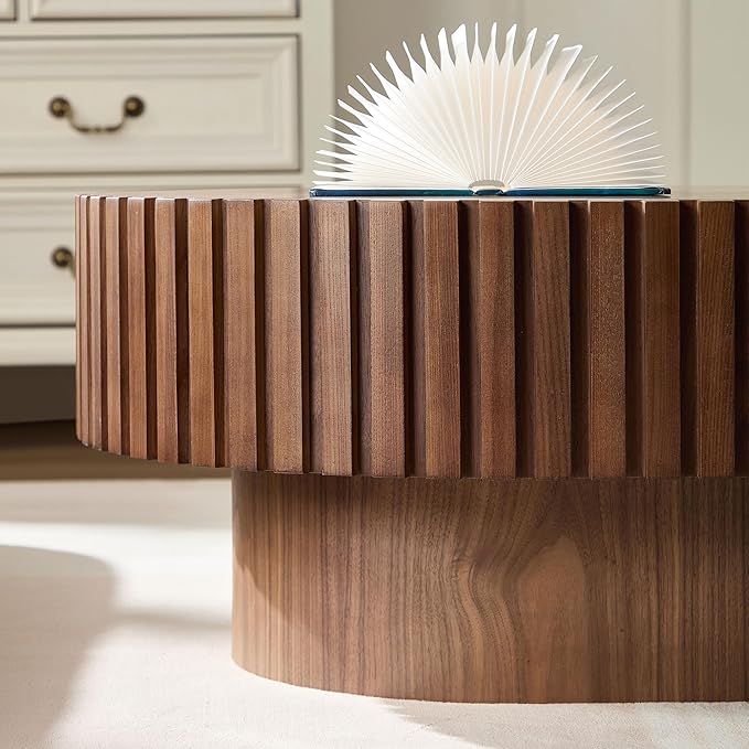 KEVINSPACE Oval Coffee Table 43.7" Wood CoffeeTable for Living Room Drum ModernCoffeeTable TeaTable Wooden Coffee Tables PedestalCoffeeTable Home Furniture Office Apartment Walnut