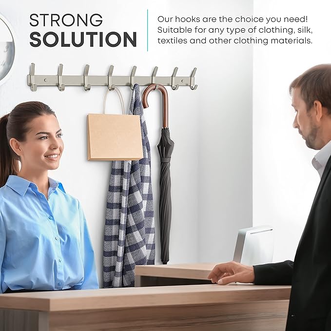 Coat Rack Wall Mount – Brushed Nickel 24 Inch Stainless Steel Hook Rail with 8 Heavy Duty Double Coat Hooks – Wall Mounted Coat Hanger for Entryway, Bathroom, Bedroom, Towel, Hat Organizer - 2 Pack-NeatNest