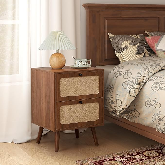 Set of 2 Night Stand with 2 Drawers, Mid Century Modern Nightstands with Nature Linen Panel, Wood Bedside Table Rustic End Table Side Tables for Small Space, Dorm, Bedroom (Walnut)(Walnut)