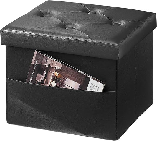 AmasSmile Storage Ottoman Folding Foot Rest Stool, Leather Footstool Bench, Short Ottoman Stool, Storage Foot Rest Store, Books (Side Pocket Black, 17" D x 13" W x 13" H)-NeatNest