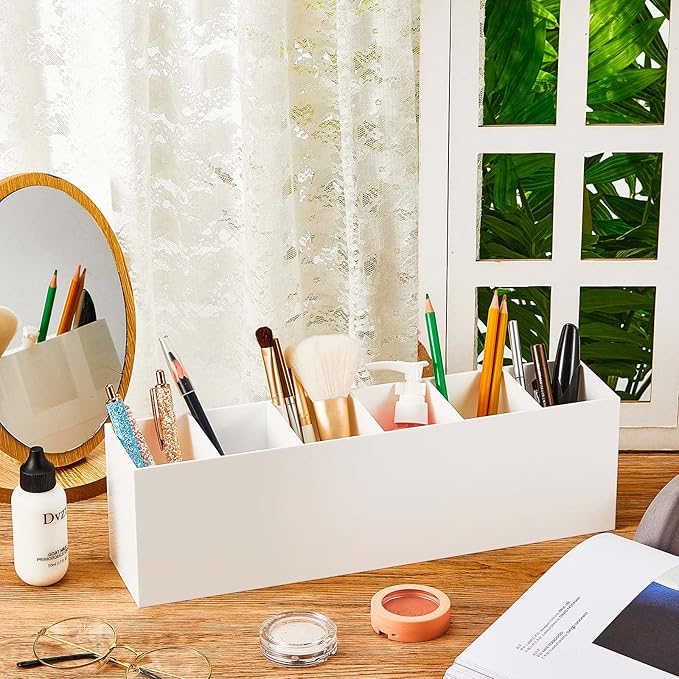 Jetec Acrylic Pen Holder 6 Compartments Makeup Brush Stationery Organizer Pencil Holder for Desk Accessories, Cosmetic Brushes, Dorm, Home, Bathroom, Kitchen, Office Supplies(White)-NeatNest
