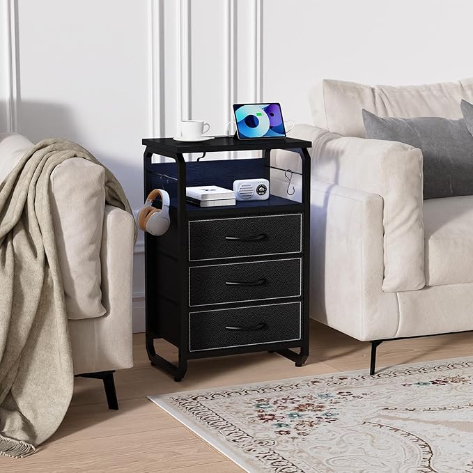 Tall Nightstand Set of 2 with Charging Station, Bed Side Tables Bedroom Set of 2, Black Night Stand Set 2, Bedside Table with 3 Fabric Drawers, Night End Table with Storage for Bedroom, Dorm