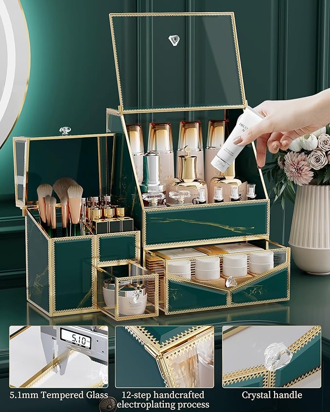 Glass Makeup Organizer for Vanity and Bathroom Countertop – Large Cosmetic Display Case and Skincare Storage Solution