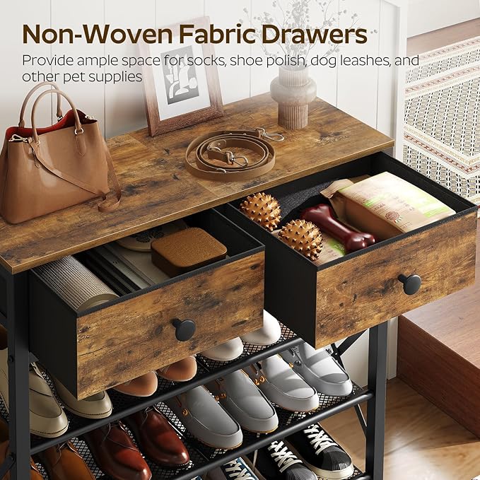 4 Tier Shoe Rack, Large Capacity Shoe Storage Organizer, Metal Shoe Shelf with Drawer and Wooden Top, for 16 Pairs of Shoes, for Entryway, Closet, Rustic Brown and Black SS24BR-NeatNest