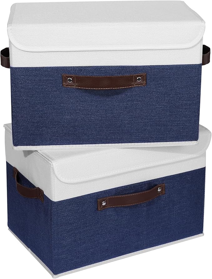 ANMINY 2PCS Storage Boxes with Lid Washable Decorative Storage Bin Basket with PU Leather Handle Foldable Linen Fabric Storage Cube Container for Home Closet Organizer - Deep Blue White, Large Size-NeatNest