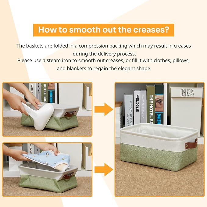 DULLEMELO Small Storage Basket, Fabric Collapsible Gift Storage Basket for Shelves, Closets, Nursery, Home, Office Organizing, Small Canvas Linen Rectangular Storage Bin with Handles (White&Green)-NeatNest