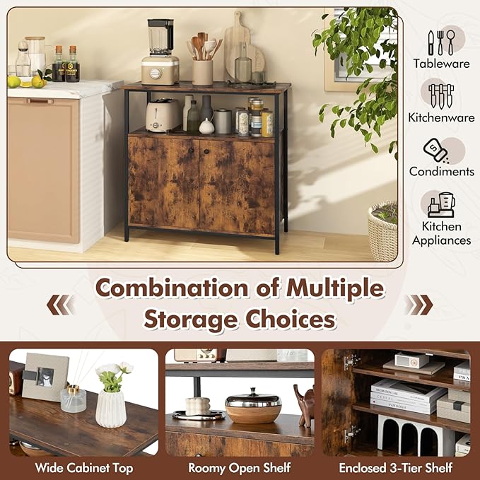 Buffet Cabinet, Industrial Storage Cabinet with Doors and Shelves, Wood Buffets & Sideboards, Farmhouse Coffee Bar, Rustic Console Table for Kitchen, Dining Living Room, Entryway-NeatNest