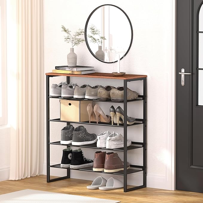 Shoe Rack - Sturdy Steel Shoe Organizer for Front Door Entrance Closet Entryway with Spacious Top - Industrial Style Strong Mesh Storage Shelves (5-Tier 11.8"x36.2"x31.5")-NeatNest