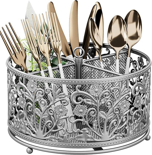 360° Rotating Utensil Caddy - Silverware Cutlery Caddy Holder with 4 Compartment, Metal Flatware Organizer Countertop with Handle for Party Camping Picnic, Kitchen Counter, Office (Silver)-NeatNest