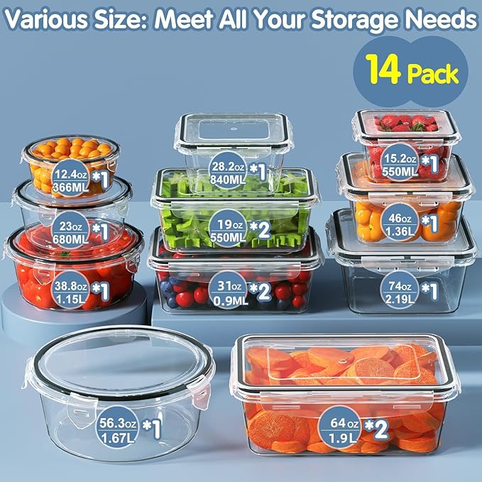 28 Pieces Food Storage Containers with Lids EXTRA LARGE Freezer Containers for Food BPA-Free Meat Fruit Vegetables Plastic Containers with lids Storage Airtight Leak-Proof Food Boxes for Kitchen-NeatNest