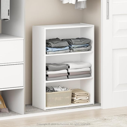 Furinno Reed 3-Tier Multipurpose Open Shelf Clothing & Closet Storage Organization, Plain White-NeatNest