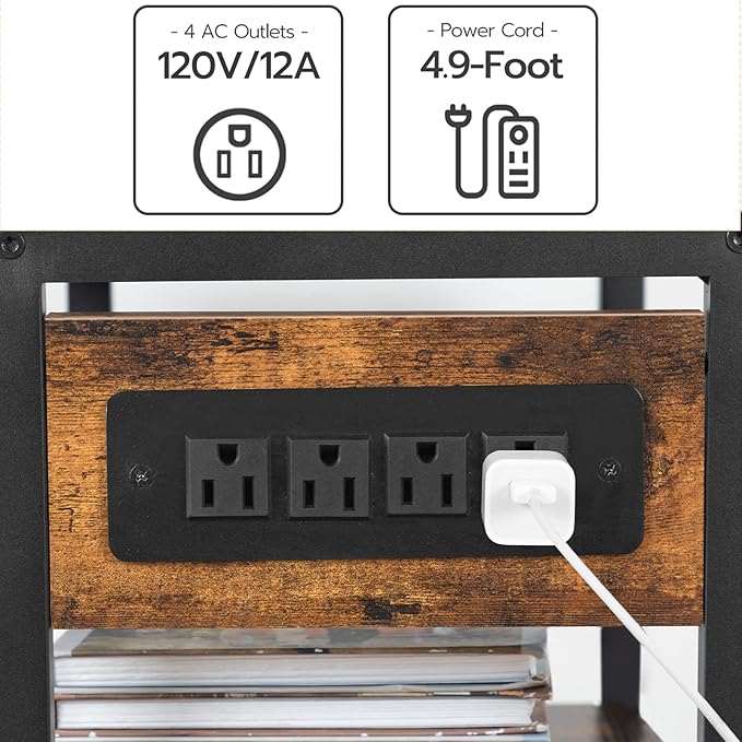 HOOBRO Industrial Printer Stand with Charging Station, 3-Tier Printer Table, Rolling Printer Cart with Adjustable Shelf and Hook, Rustic Brown and Black BF28UPS01-NeatNest