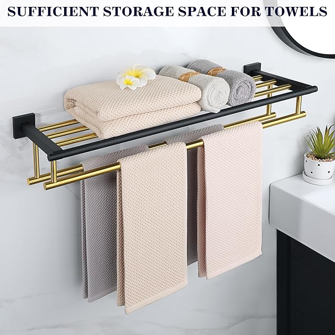 Alise Towel Rack,Towel Hanger with Double Towel Bars,Wall Mount Tower Holder for Bathroom and Lavatory,SUS 304 Stainless Steel Towel Shelf,Gold and Finish,32 Inch