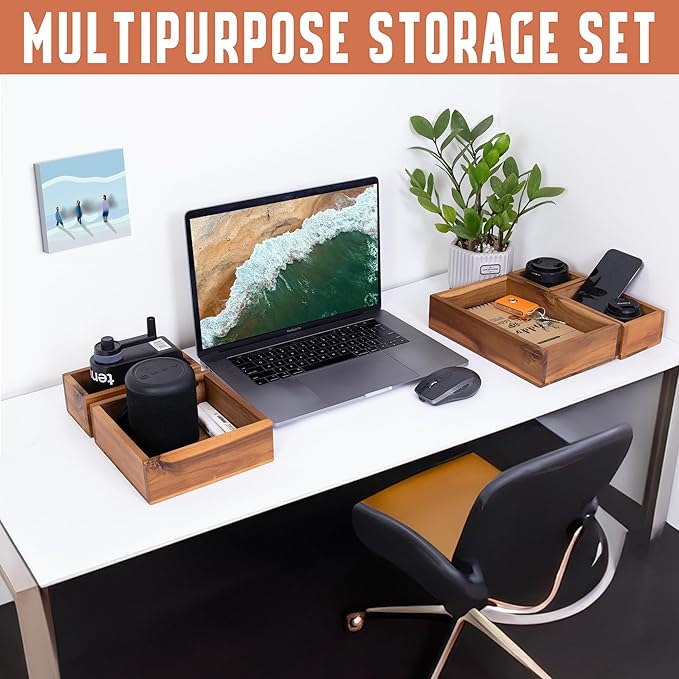 Demigo Acacia Drawer Organizer Set of 5, Cabinet Container Box, Wood Bin Set in Varied Sizes, Dividers Holder for Storage Cooking Utensils Spices Tea Bags Foods Office Items (Brown)-NeatNest