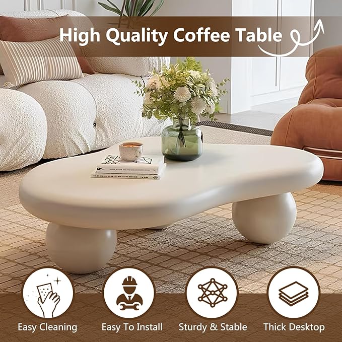 Cloud-Shape Cute Cream White Irregular Coffee Table with 3 Short Legs Modern Live Round Edge Coffee Table for Living Room Bedroom Easy Assembly,Cloud b White 47.2"-NeatNest
