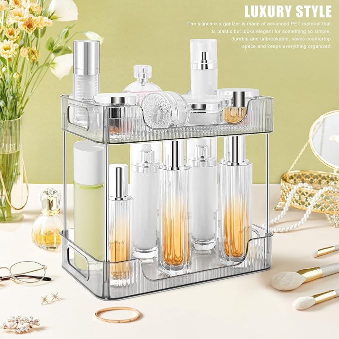 2-Tier Bathroom Counter Organizer Countertop Storage, Dresser Organizer Vanity Tray for Makeup, Perfume Organizer Cosmetics Skincare Shelf - Grey-NeatNest