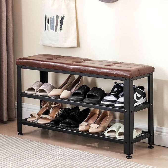 Apicizon 35.5" Shoe Rack Bench, 3-Tier Entryway Bench, with Leather Seat and Metal Frame, Loads 300 lb, Suitable for Living Room, Hallway, Mudroom, Doorway, Rustic Brown-NeatNest