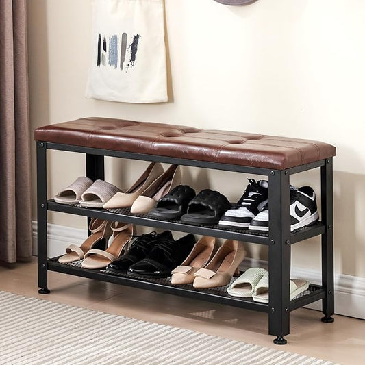 Apicizon 35.5" Shoe Rack Bench, 3-Tier Entryway Bench, with Leather Seat and Metal Frame, Loads 300 lb, Suitable for Living Room, Hallway, Mudroom, Doorway, Rustic Brown-NeatNest