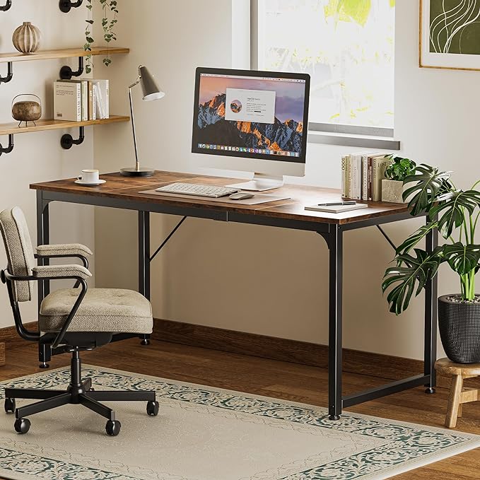Huuger Computer Desk, 63 Inch Office Desk, Gaming Desk with Storage, Writing Desk Work Desk for Home Office, Study, Modern Simple Desk, Large Legroom, Metal Frame, Rustic Brown-NeatNest