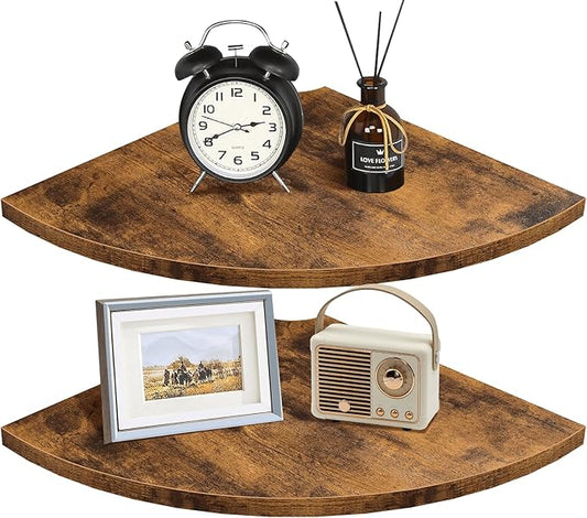 Homode Corner Shelf Wall Mount, 12 Inch Wood Floating Corner Shelves with Cord Hole, Set of 2 Large Corner Hanging Shelves for Bathroom Bedroom Kitchen, Rustic Brown
