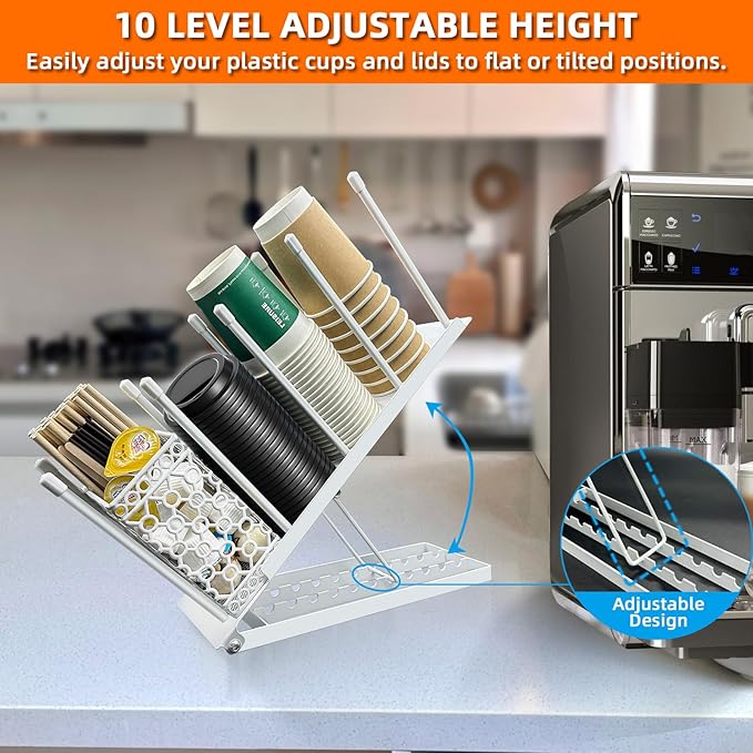 Coffee Bar Organizer Countertop, Metal Coffee Station Organizer with Straw Holder & Clean Brush, 4 Compartment Cup and Lid Holder Cup Dispenser Accessories Station (White)-NeatNest