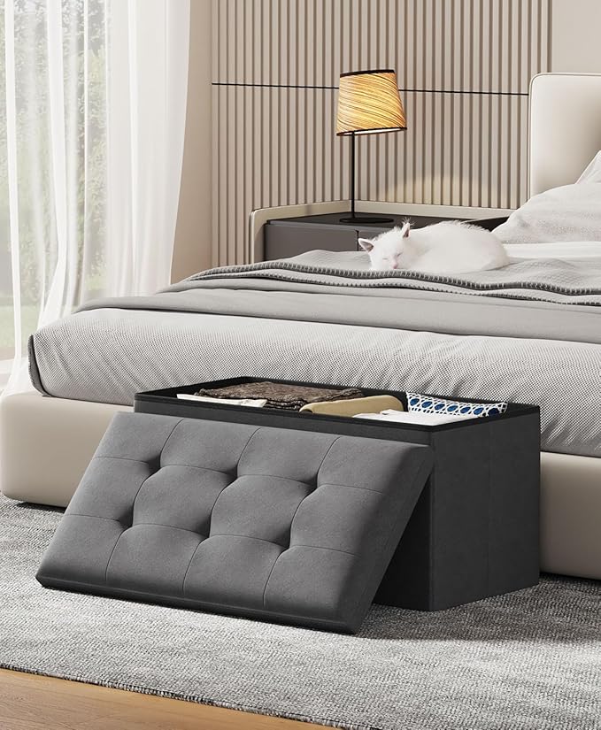 Folding Storage Ottoman Bench, Multi-Functional Ottoman Footrest, End of Bed Bench, Storage Chest for Living Room, Bedroom, Hallway, Entryway, Holds Up to 700 lbs (Dark Gray, 30 Inches)