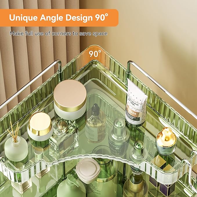 Makeup Organizer for Vanity 3-Tier Corner Bathroom Organizer Countertop with Hooks Bathroom Countertop Perfume Organizer Corner Bathroom Counter Corner Storage-Green-NeatNest