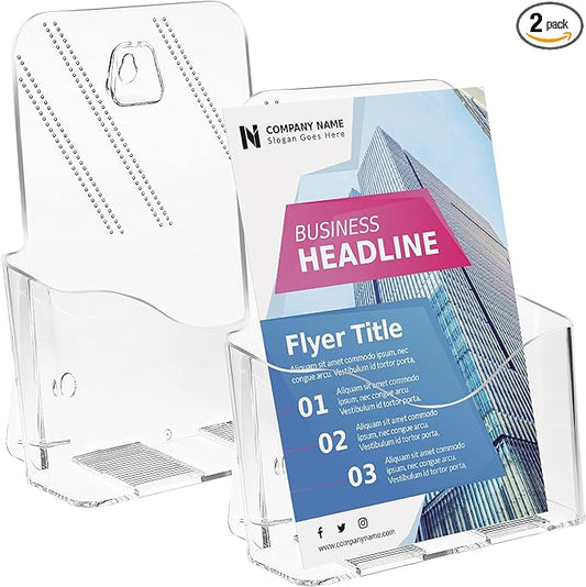 Acrylic Brochure Holder 8.5 x 5.5 Inches, 2-Pack Clear Plastic Display Stand for Half-Fold Flyers, Pamphlets, Menus, Trifold Literature, Wall Mount or Countertop Use