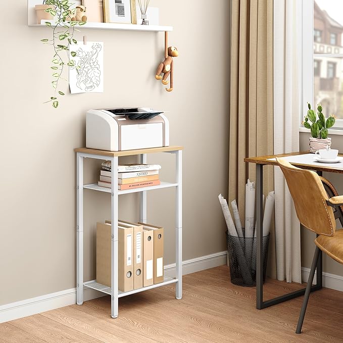 Hoctieon 3 Tier End Table, Telephone Table, Narrow Side Table with Storage, Nightstand for Small Spaces, Metal Frame, for Living Room, Bedroom, Sofa Couch, Hall, Easy Assembly, White and Yellow Oak